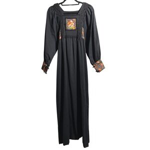 VTG Vicky Vaughn Jr 70s Black Maxi Dress Floral Embroidery XS Prairie Whimsigoth